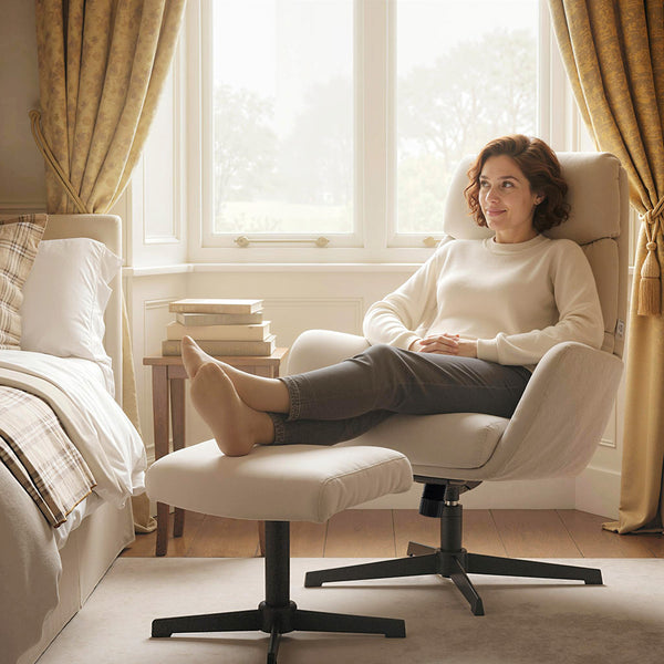 Polstersessel mit Fusshocker und hoher Rückenlehne für Wohnzimmer beige