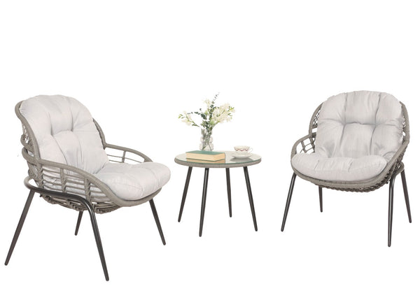 Poly-Rattan Garnitur Balkon-Set Sitzgruppe Beistelltisch grau Polster hellgrau