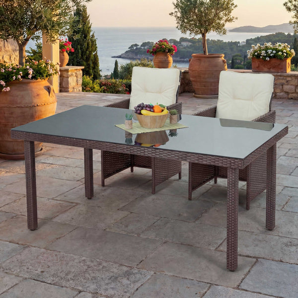 Poly-Rattan Gartentisch mit Glasplatte 160x90x74cm braun