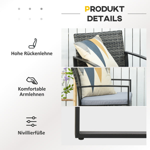 Polyrattan-Balkonset für 2 Personen mit Kissen Grau