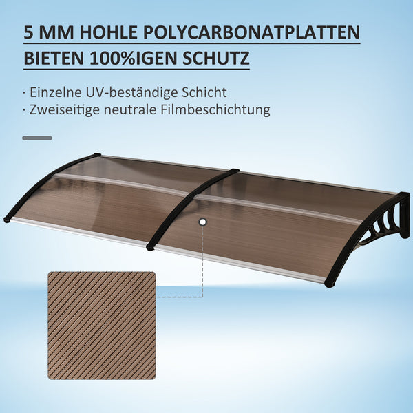 Pensilina addossata, policarbonato, protezione UV, 75x195x23cm, marrone