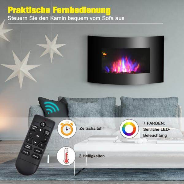 Elektrokamin Wandkamin 1800 Watt LED Fernbedienung Schwarz
