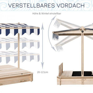 Sandkasten Sandkiste aus Holz mit Dach abnehmbar Rücklehnen verstellbar Tannenholz Natur