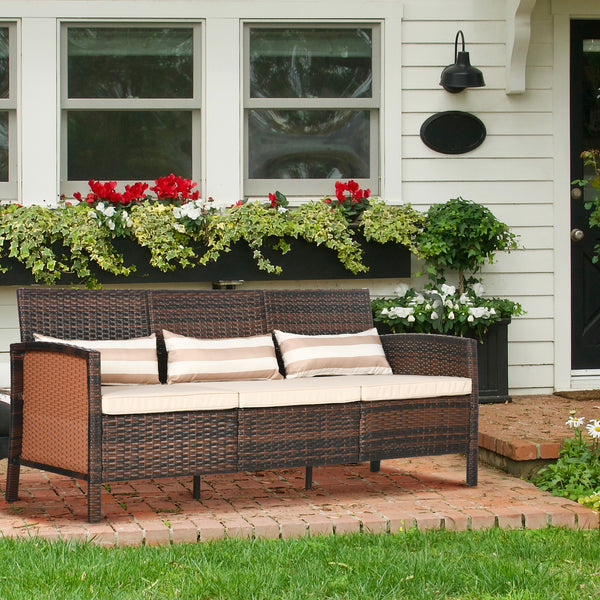 Rattan Garten Loungesofa Dreisitzer mit Kissen Braun
