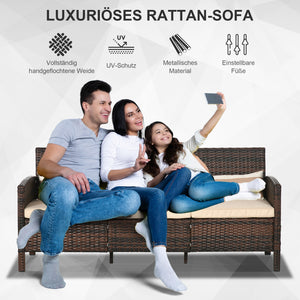 Rattan Garten Loungesofa Dreisitzer mit Kissen Braun
