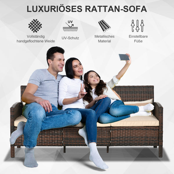 Rattan Garten Loungesofa Dreisitzer mit Kissen Braun