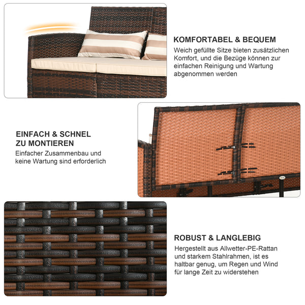 Rattan Garten Loungesofa Dreisitzer mit Kissen Braun