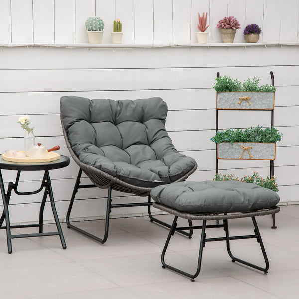 Rattan Relaxsessel Gartensessel mit Fusshocker Outdoor grau