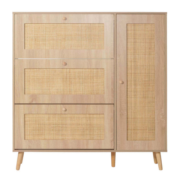 Rattan-Schuhkipper Schuhschrank 3 Kippfächer 2 Regalböden 127x120x24cm Eiche-Optik