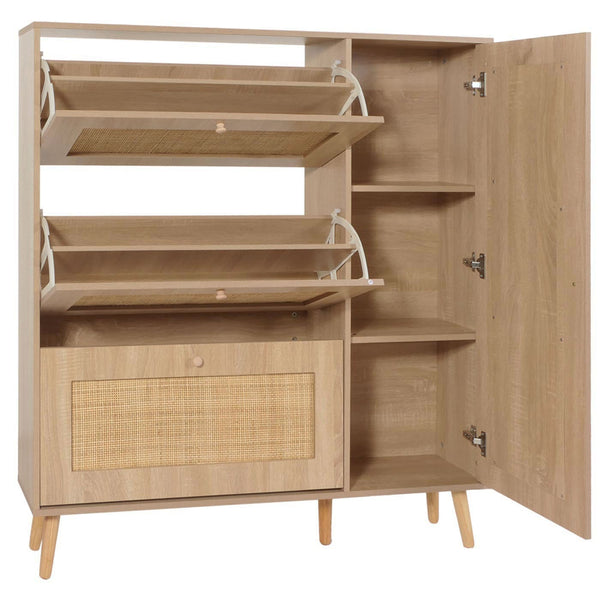 Rattan-Schuhkipper Schuhschrank 3 Kippfächer 2 Regalböden 127x120x24cm Eiche-Optik