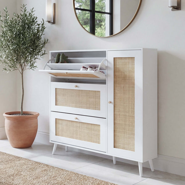 Rattan-Schuhkipper Schuhschrank 3 Kippfächer 2 Regalböden 127x120x24cm weiss