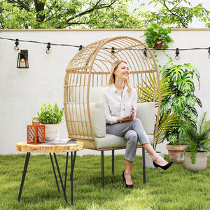 Rattansessel ei-förmig mit Kissen Outdoor Garten beige