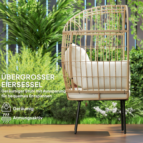 Rattansessel ei-förmig mit Kissen Outdoor Garten beige