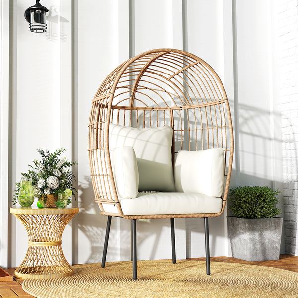Rattansessel ei-förmig mit Kissen Outdoor Garten beige