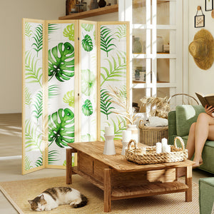 Raumteiler Boho faltbar mit tropischem Motiv und Holzrahmen