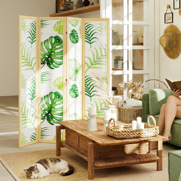 Raumteiler Boho faltbar mit tropischem Motiv und Holzrahmen