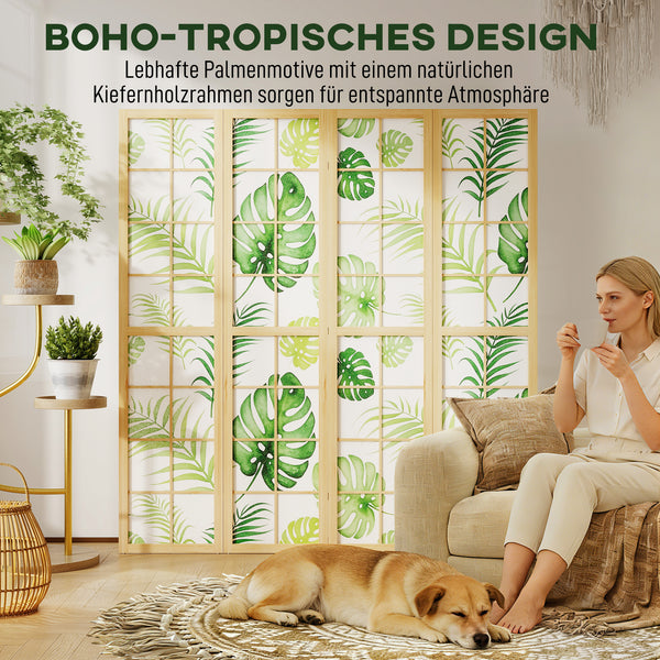 Raumteiler Boho faltbar mit tropischem Motiv und Holzrahmen