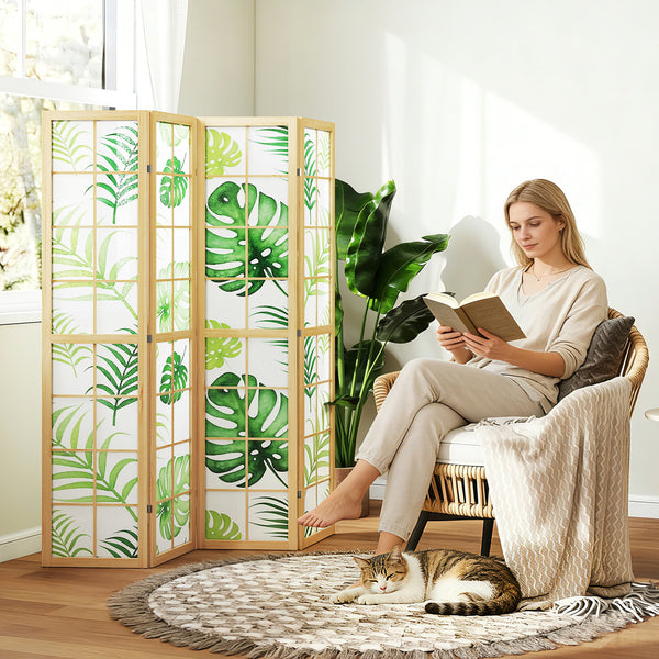 Raumteiler Boho faltbar mit tropischem Motiv und Holzrahmen