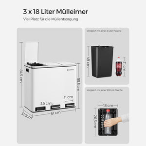 Poubelle de recyclage, poubelle, 3 x 18 L, blanche