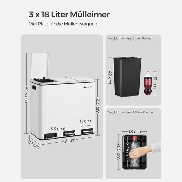 Poubelle de recyclage, poubelle, 3 x 18 L, blanche
