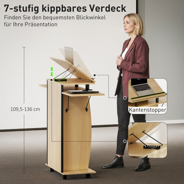 Rednerpult rollbar mit klappbaren Ablagen und Schublade Eiche