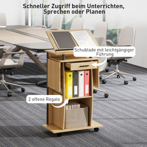 Rednerpult rollbar mit klappbaren Ablagen und Schublade Eiche