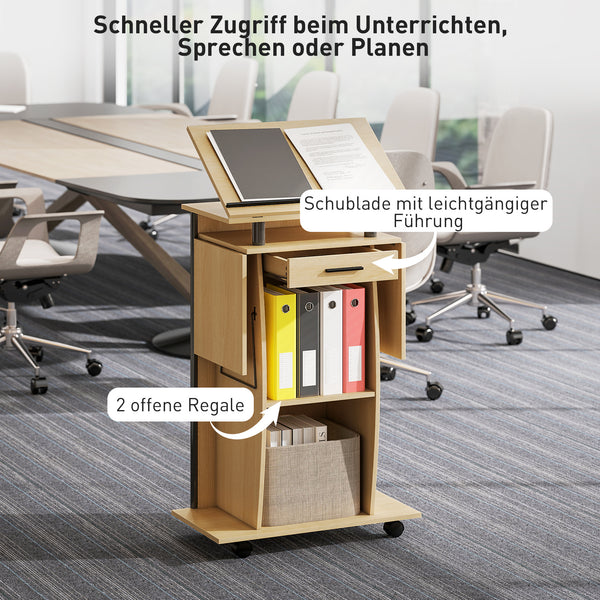 Rednerpult rollbar mit klappbaren Ablagen und Schublade Eiche