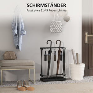 Regenschirmständer mit Tropfschale und Haken aus Stahl schwarz