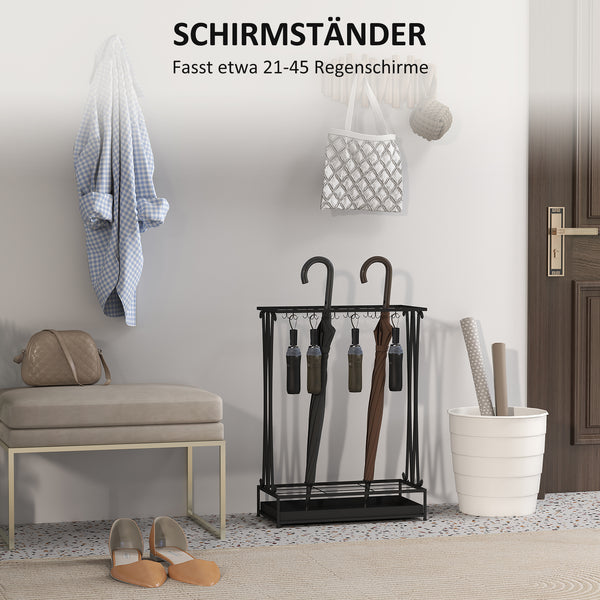 Regenschirmständer mit Tropfschale und Haken aus Stahl schwarz