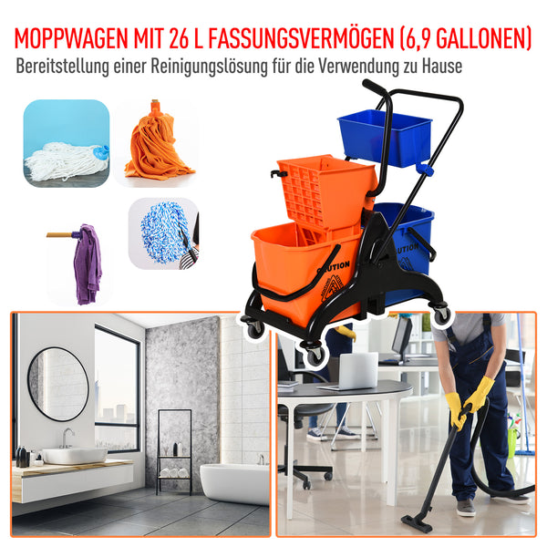 Reinigungswagen rollbar mit Eimer 26L und Wringaufsatz für Wischmopp