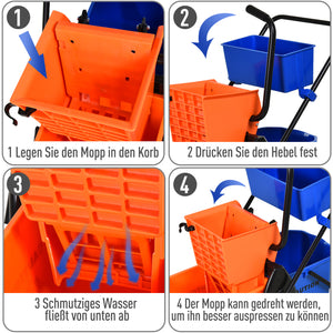 Reinigungswagen rollbar mit Eimer 26L und Wringaufsatz für Wischmopp