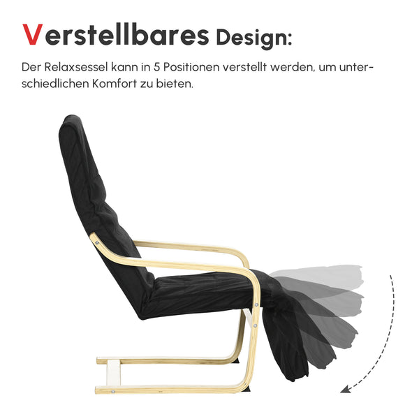 Relaxsessel mit verstellbarem Fussteil gepolstert aus Holz schwarz