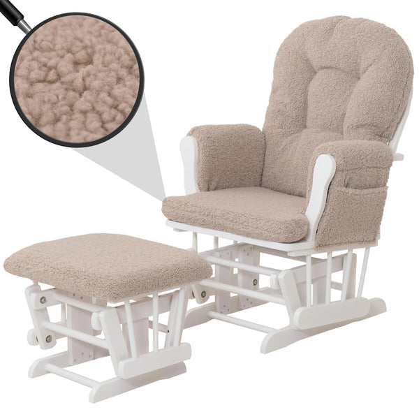 Relaxsessel Schaukelstuhl mit Hocker Bouclé Öko-Tex braun weisses Gestell