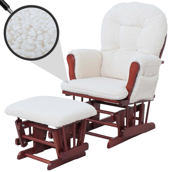 Relaxsessel Schaukelstuhl mit Hocker Bouclé Öko-Tex creme dunkles Gestell