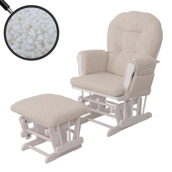 Relaxsessel Schaukelstuhl mit Hocker Bouclé Öko-Tex creme weisses Gestell