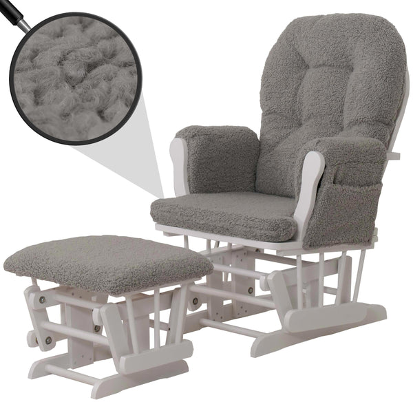 Relaxsessel Schaukelstuhl mit Hocker Bouclé Öko-Tex grau weisses Gestell