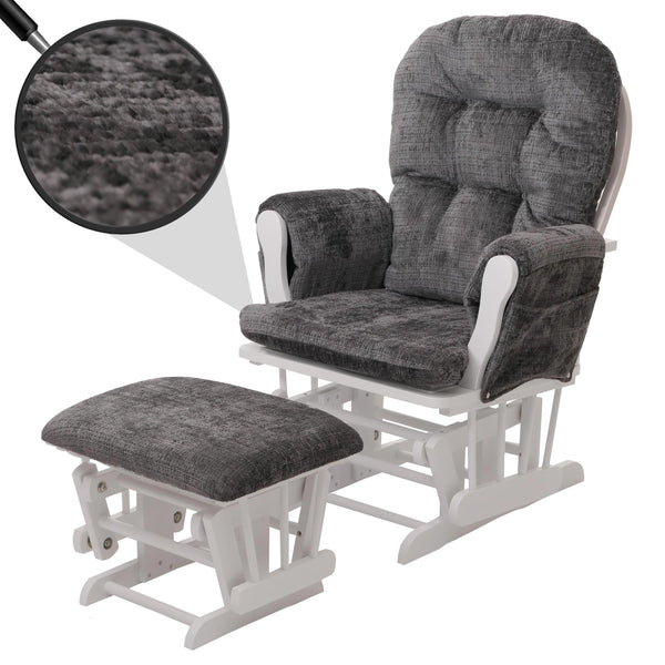 Relaxsessel Schaukelstuhl mit Hocker Chenille Öko-Tex dunkelgrau weisses Gestell