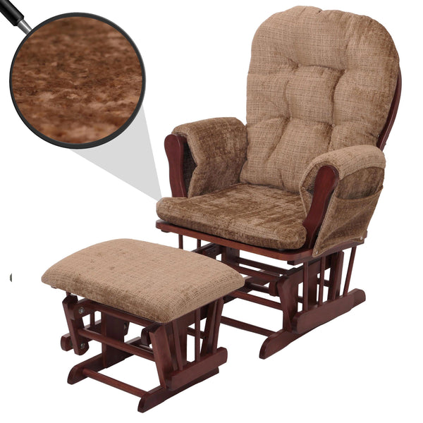 Relaxsessel Schaukelstuhl mit Hocker Chenille Öko-Tex hellbraun dunkles Gestell