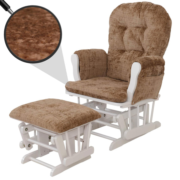 Relaxsessel Schaukelstuhl mit Hocker Chenille Öko-Tex hellbraun weisses Gestell
