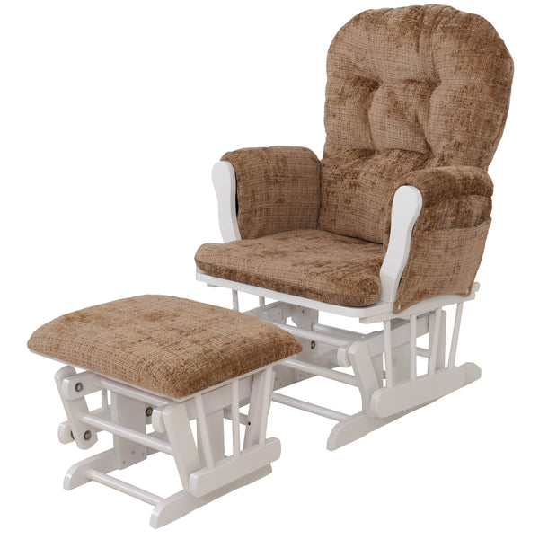 Relaxsessel Schaukelstuhl mit Hocker Chenille Öko-Tex hellbraun weisses Gestell