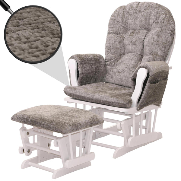 Relaxsessel Schaukelstuhl mit Hocker Chenille Öko-Tex hellgrau weisses Gestell