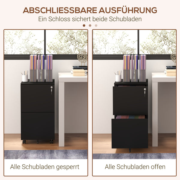 Rollcontainer abschliessbar mit 2 Schubladen für Büro schwarz