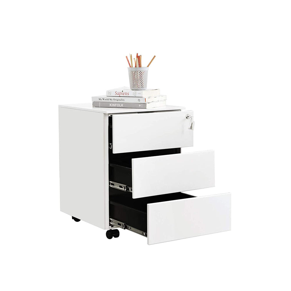 Rolling pedestal office cabinet with 3 drawers, white