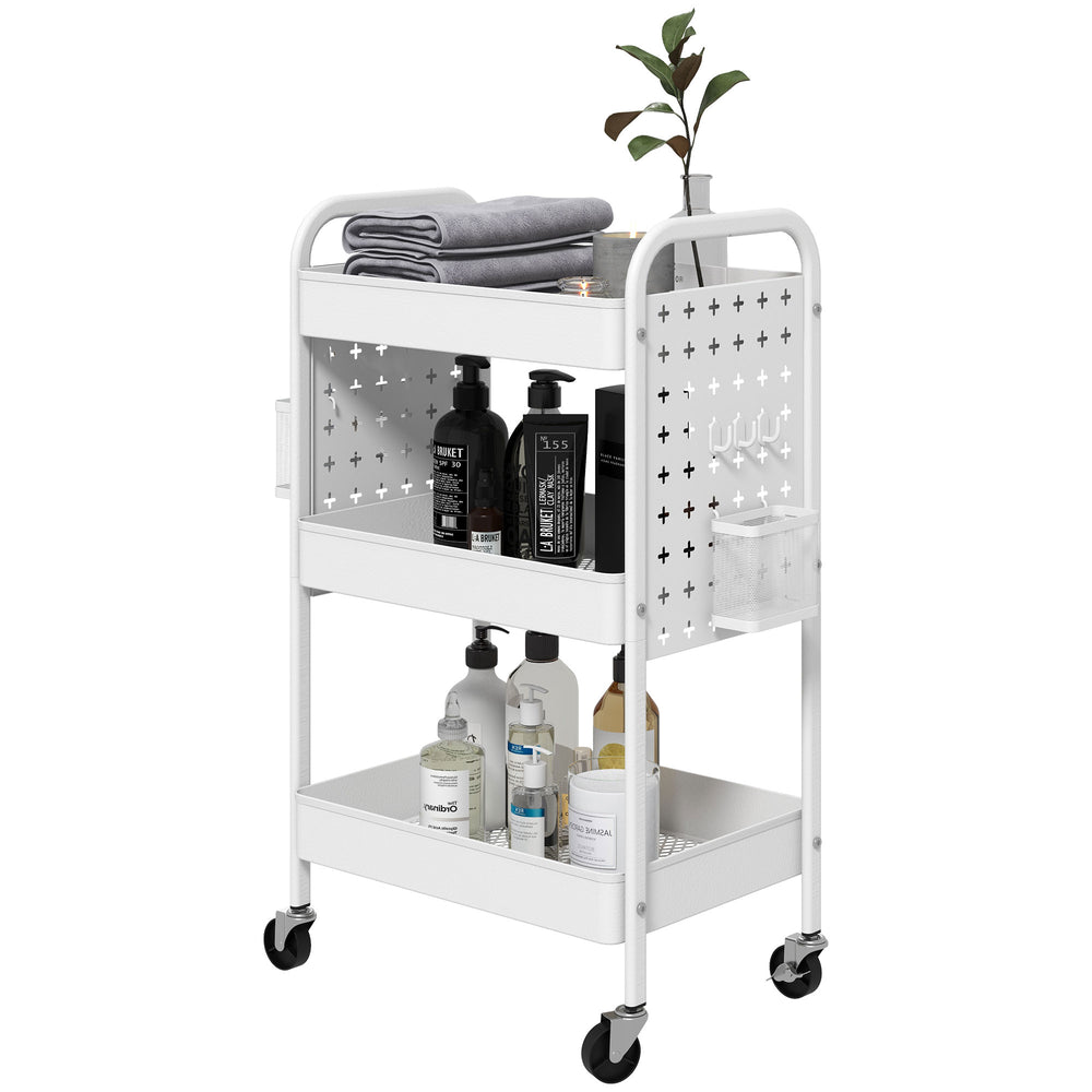 Carrello portavivande/carrello portavivande con 3 ripiani e 2 cestini appesi, bianco