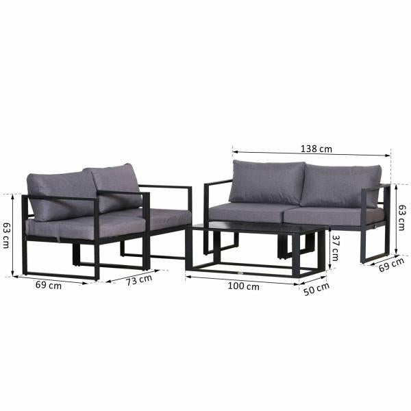 4-tlg. Gartenmöbel Set Sitzgruppe mit Couchtisch Doppelsofa Kissen Alu Grau