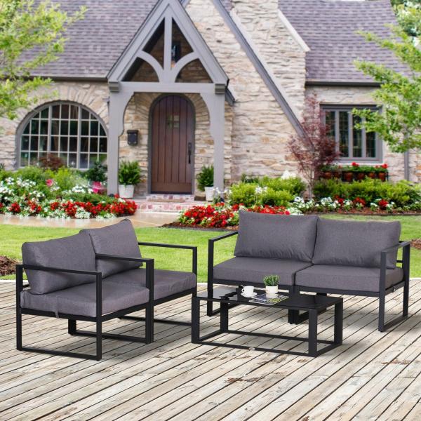 4-tlg. Gartenmöbel Set Sitzgruppe mit Couchtisch Doppelsofa Kissen Alu Grau