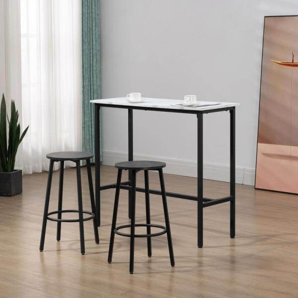Bar-Set für 2 Personen, 1 Tisch mit 2 Barhockern, Tischplatte in Weisser Marmoroptik, Stahlrahmen