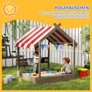 Sandkasten mit Dach und Spielzeug wetterfest aus Holz grau