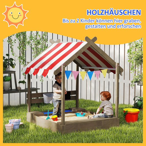 Sandkasten mit Dach und Spielzeug wetterfest aus Holz grau