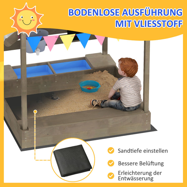 Sandkasten mit Dach und Spielzeug wetterfest aus Holz grau